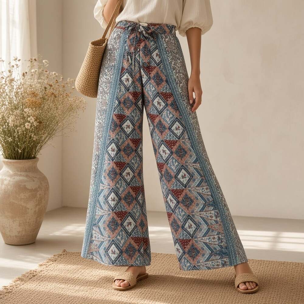 Elevenses Anthropologie Boho Block Print Wide Leg Palazzo Pants 4